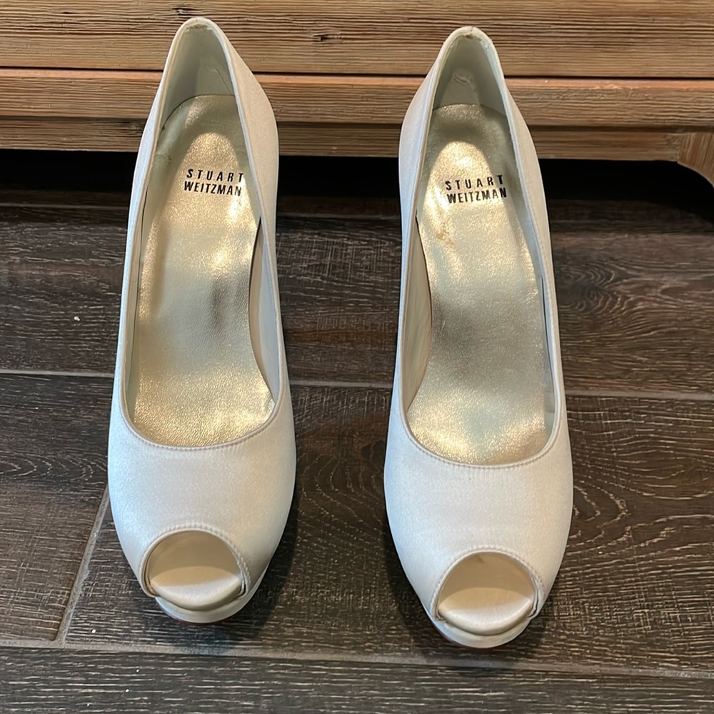 Stuart Weitzman satin ivory open toe heels